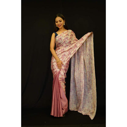 Isadora Life Womens Floral Printed Pink Pre-Draped Saree With Unstitched Blouse