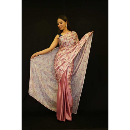 Isadora Life Womens Floral Printed Pink Pre-Draped Saree With Unstitched Blouse