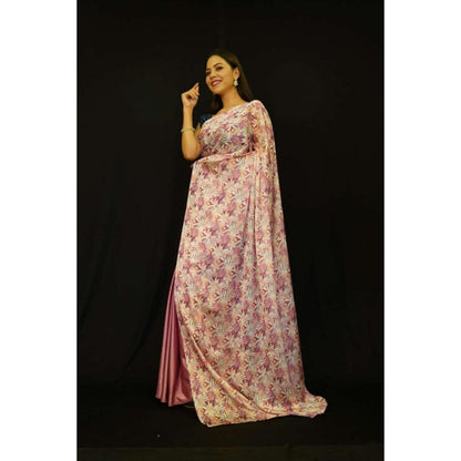 Isadora Life Womens Floral Printed Pink Pre-Draped Saree With Unstitched Blouse