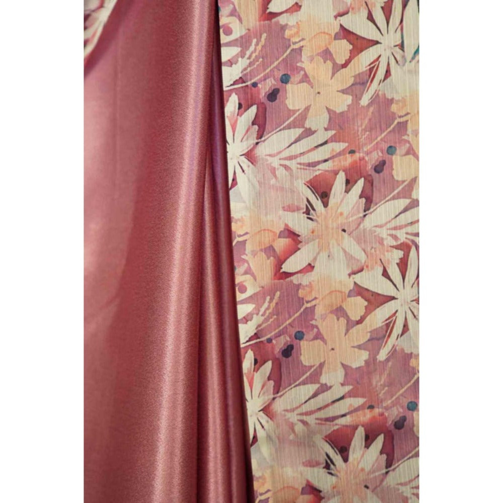 Isadora Life Womens Floral Printed Pink Pre-Draped Saree With Unstitched Blouse