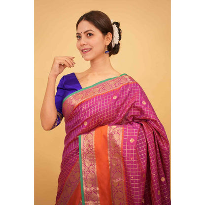 Isadora Life Womens Checks Zari Pink Pre-Draped Saree With Unstitched Blouse