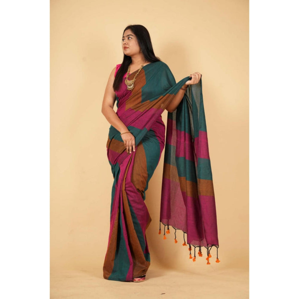 Isadora Life Womens Stripes Tassels Multi-Color Pre-Draped Saree With Unstitched Blouse