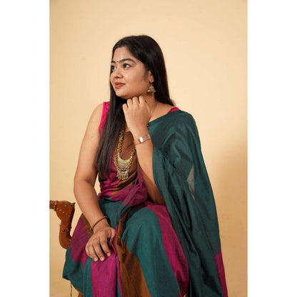 Isadora Life Womens Stripes Tassels Multi-Color Pre-Draped Saree With Unstitched Blouse