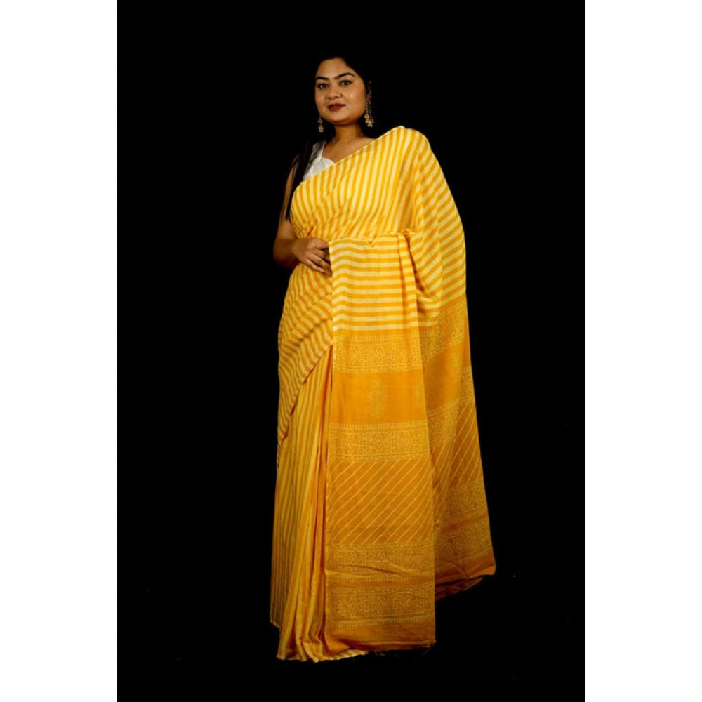 Isadora Life Womens Printed Stripes Yellow Pre-Draped Saree With Unstitched Blouse