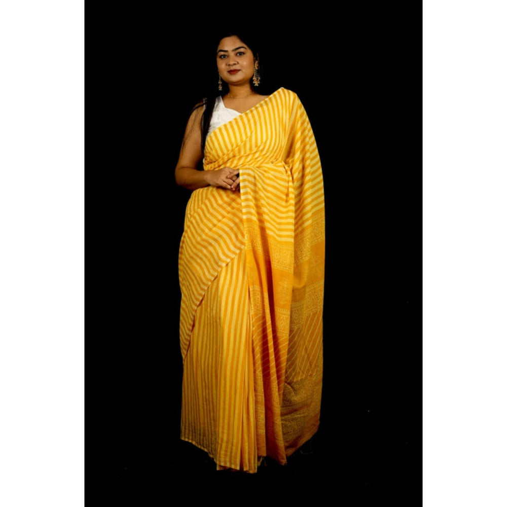 Isadora Life Womens Printed Stripes Yellow Pre-Draped Saree With Unstitched Blouse