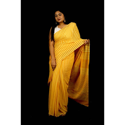 Isadora Life Womens Printed Stripes Yellow Pre-Draped Saree With Unstitched Blouse