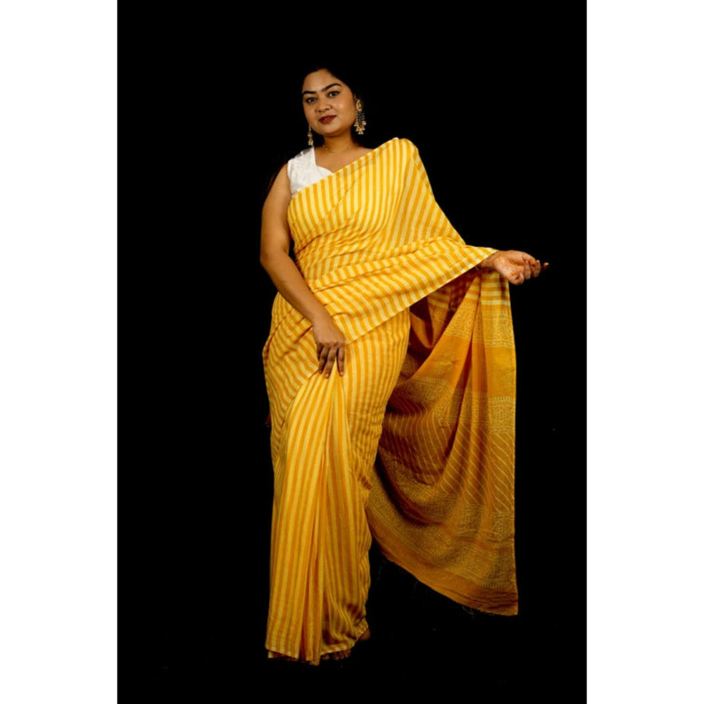 Isadora Life Womens Printed Stripes Yellow Pre-Draped Saree With Unstitched Blouse