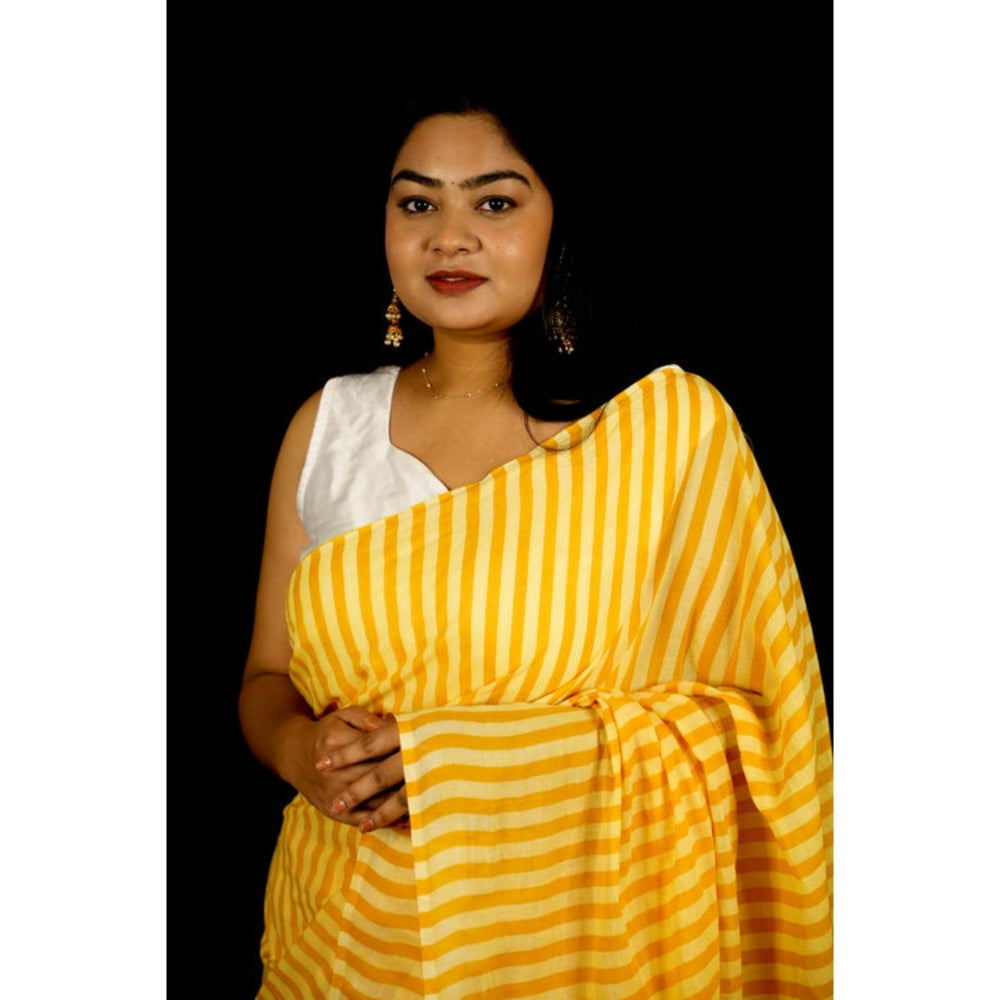 Isadora Life Womens Printed Stripes Yellow Pre-Draped Saree With Unstitched Blouse