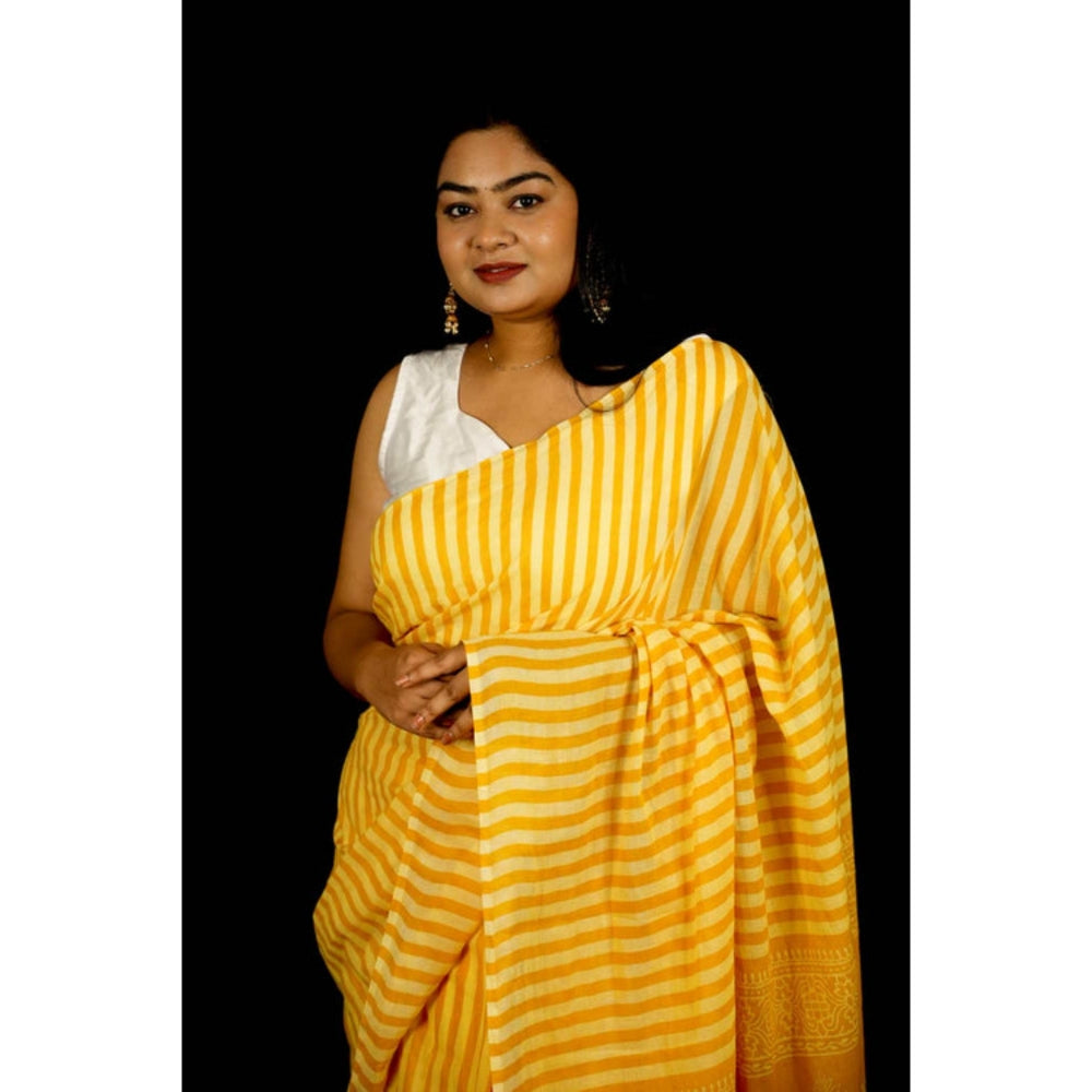 Isadora Life Womens Printed Stripes Yellow Pre-Draped Saree With Unstitched Blouse