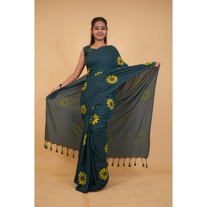Isadora Life Womens Floral Tassels Teal Pre-Draped Saree With Unstitched Blouse