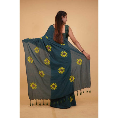 Isadora Life Womens Floral Tassels Teal Pre-Draped Saree With Unstitched Blouse
