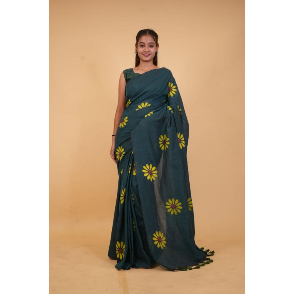 Isadora Life Womens Floral Tassels Teal Pre-Draped Saree With Unstitched Blouse