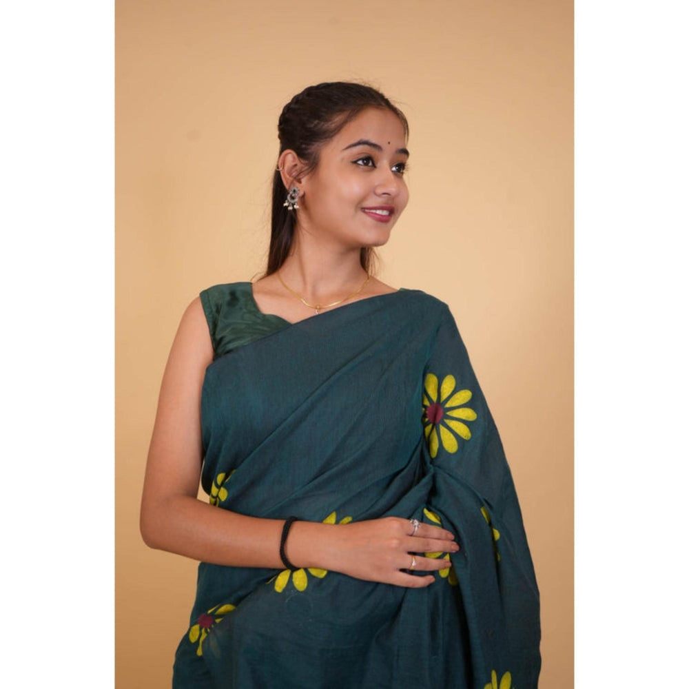 Isadora Life Womens Floral Tassels Teal Pre-Draped Saree With Unstitched Blouse