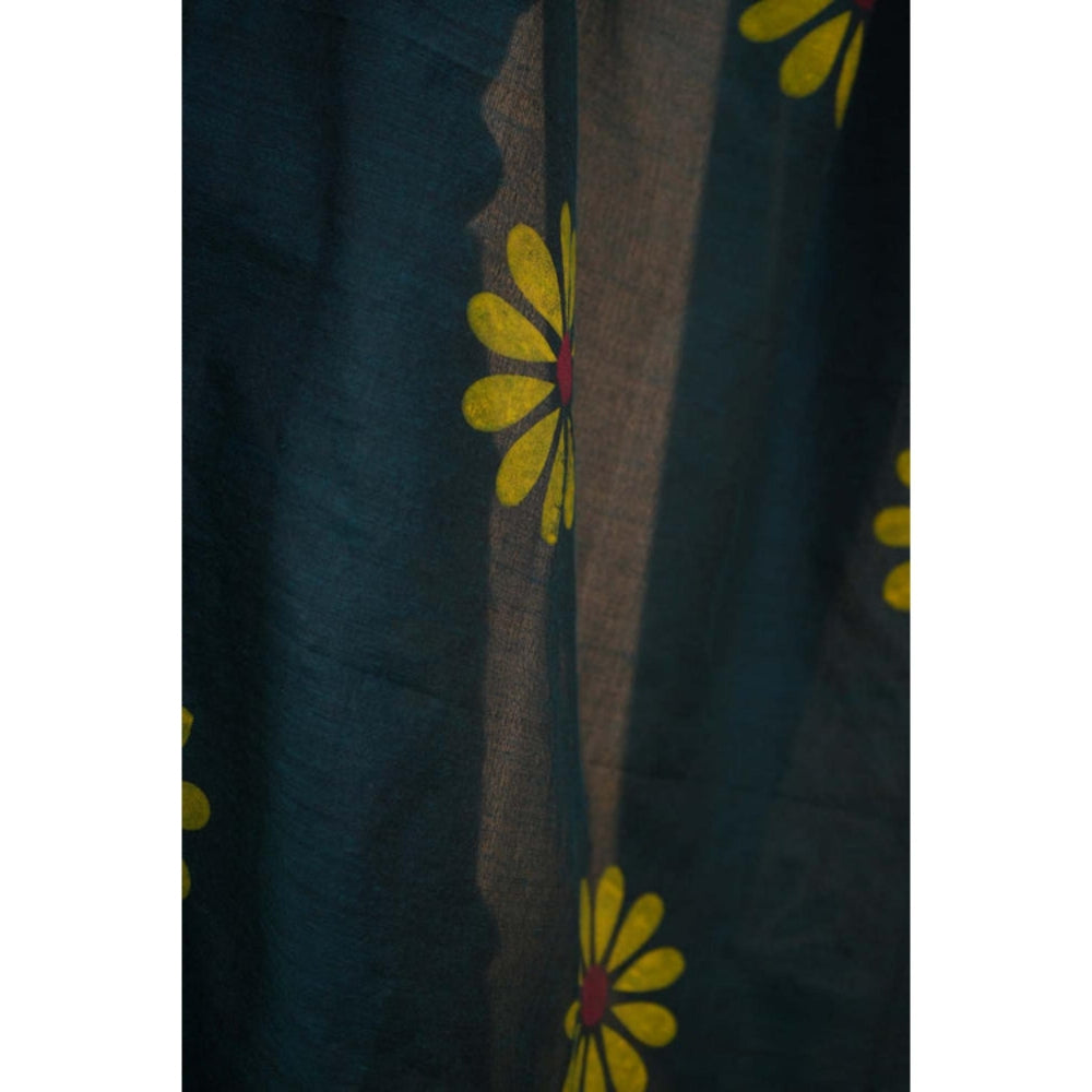 Isadora Life Womens Floral Tassels Teal Pre-Draped Saree With Unstitched Blouse