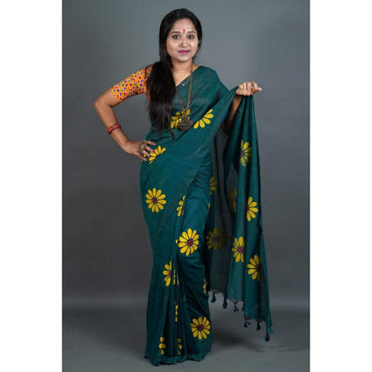 Isadora Life Womens Floral Tassels Teal Pre-Draped Saree With Unstitched Blouse