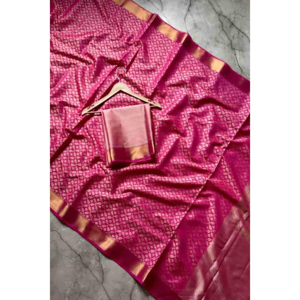 Isadora Life Womens Woven Zari Pink Pre-Draped Saree With Unstitched Blouse