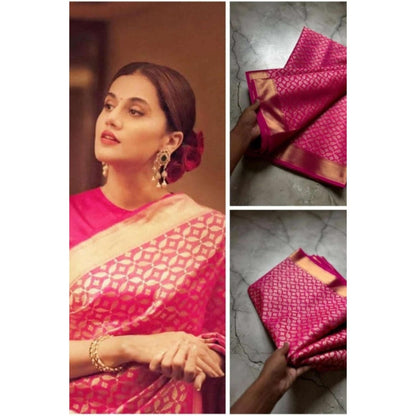 Isadora Life Womens Woven Zari Pink Pre-Draped Saree With Unstitched Blouse