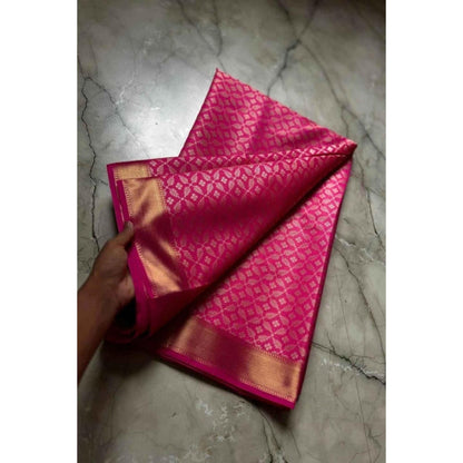 Isadora Life Womens Woven Zari Pink Pre-Draped Saree With Unstitched Blouse