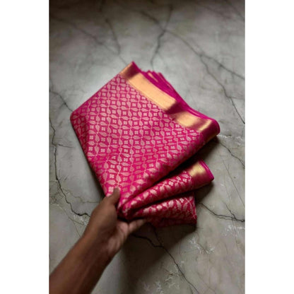 Isadora Life Womens Woven Zari Pink Pre-Draped Saree With Unstitched Blouse