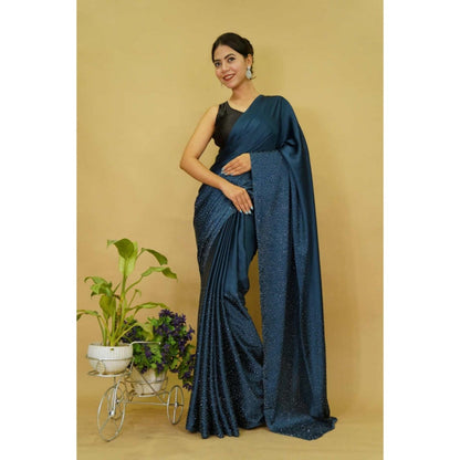 Isadora Life Womens Beads Sequined Blue Pre-Draped Saree With Unstitched Blouse