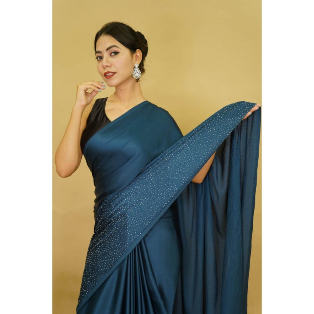 Isadora Life Womens Beads Sequined Blue Pre-Draped Saree With Unstitched Blouse