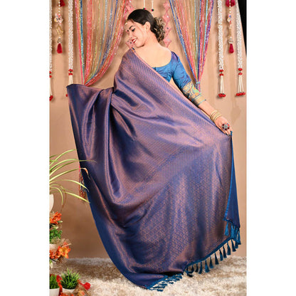 Isadora Life Womens Woven Tassels Purple Pre-Draped Saree With Unstitched Blouse
