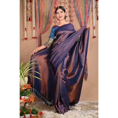 Isadora Life Womens Woven Tassels Purple Pre-Draped Saree With Unstitched Blouse