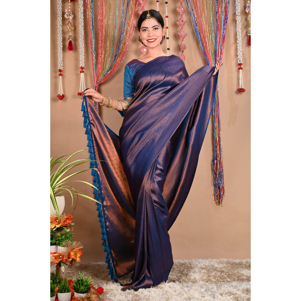 Isadora Life Womens Woven Tassels Purple Pre-Draped Saree With Unstitched Blouse