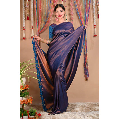 Isadora Life Womens Woven Tassels Purple Pre-Draped Saree With Unstitched Blouse