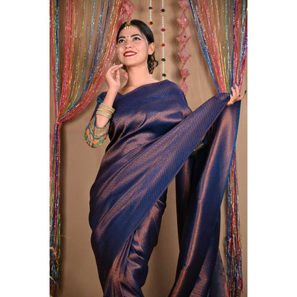 Isadora Life Womens Woven Tassels Purple Pre-Draped Saree With Unstitched Blouse