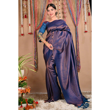 Isadora Life Womens Woven Tassels Purple Pre-Draped Saree With Unstitched Blouse