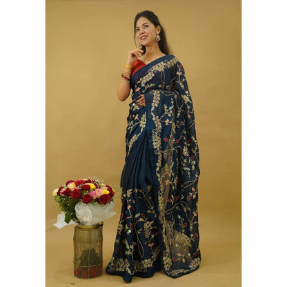 Isadora Life Womens Embroidered Sequined Teal Pre-Draped Saree With Unstitched Blouse