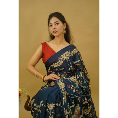 Isadora Life Womens Embroidered Sequined Teal Pre-Draped Saree With Unstitched Blouse