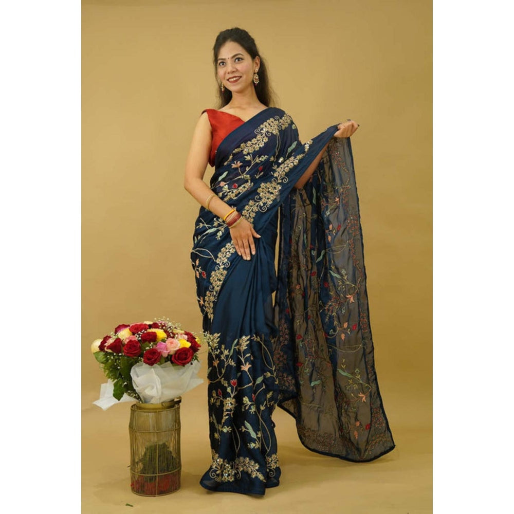 Isadora Life Womens Embroidered Sequined Teal Pre-Draped Saree With Unstitched Blouse