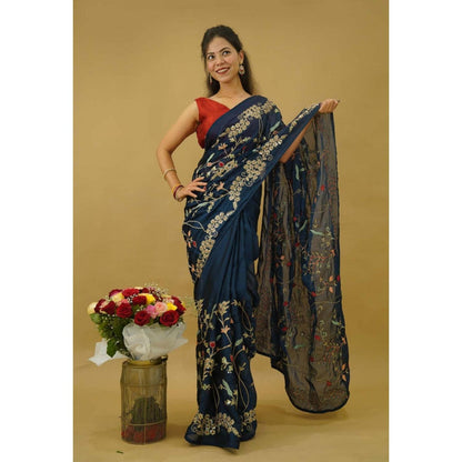 Isadora Life Womens Embroidered Sequined Teal Pre-Draped Saree With Unstitched Blouse