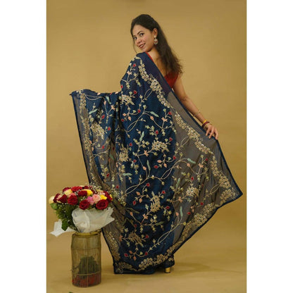 Isadora Life Womens Embroidered Sequined Teal Pre-Draped Saree With Unstitched Blouse