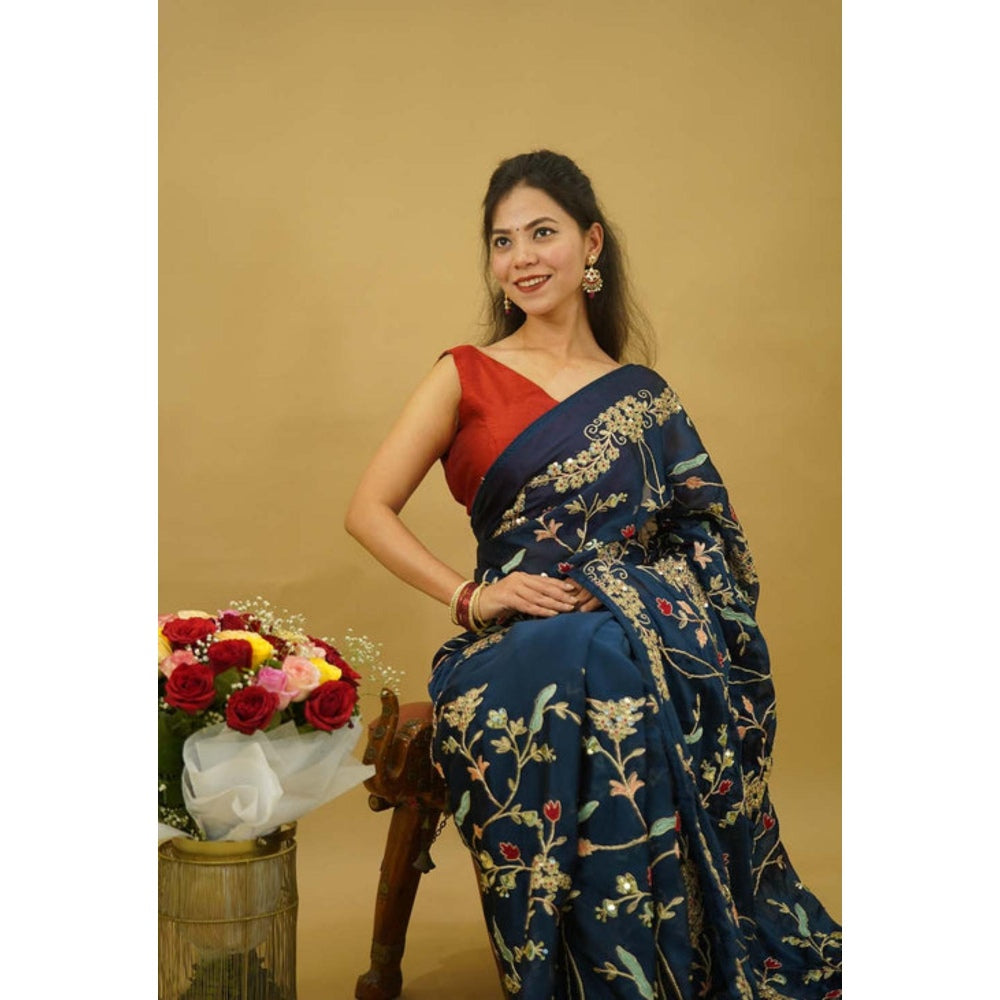 Isadora Life Womens Embroidered Sequined Teal Pre-Draped Saree With Unstitched Blouse