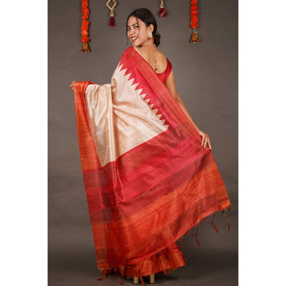 Isadora Life Womens Woven Tassels Beige Pre-Draped Saree With Unstitched Blouse
