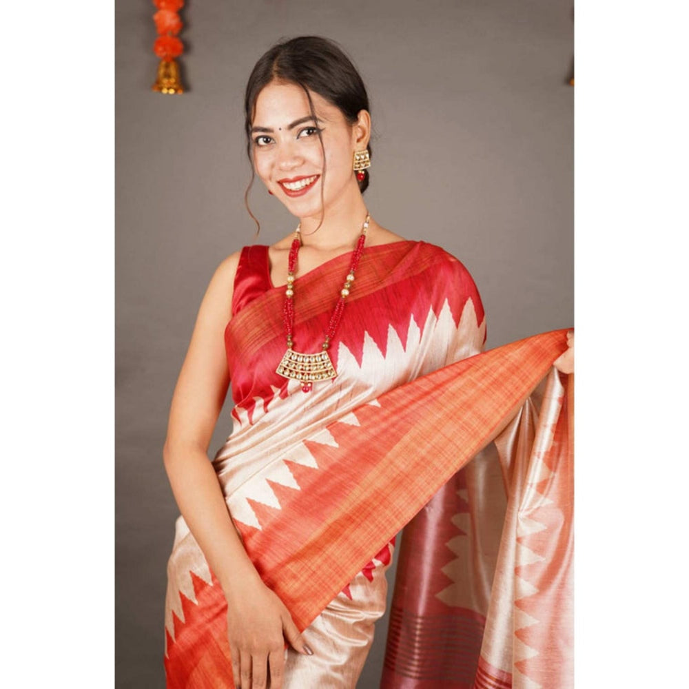 Isadora Life Womens Woven Tassels Beige Pre-Draped Saree With Unstitched Blouse