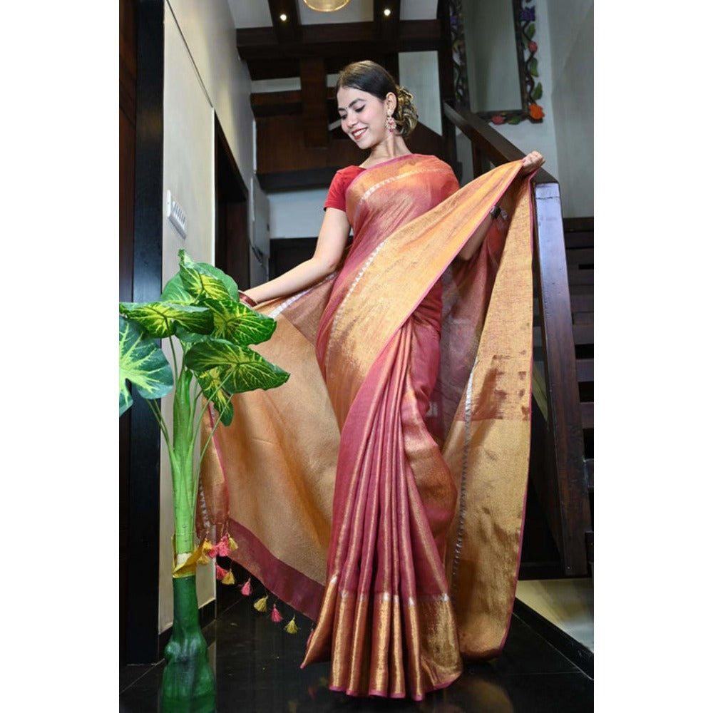 Isadora Life Womens Woven Tassels Pink Pre-Draped Saree With Unstitched Blouse