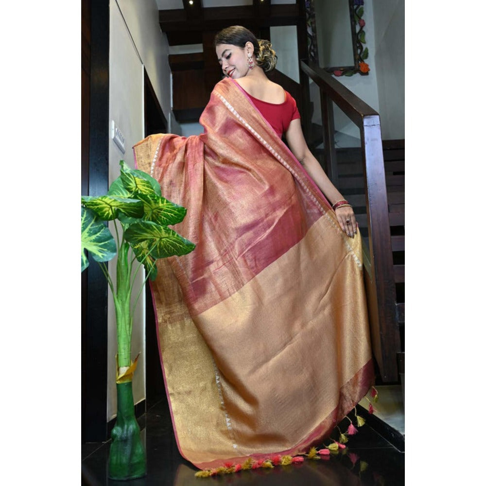Isadora Life Womens Woven Tassels Pink Pre-Draped Saree With Unstitched Blouse