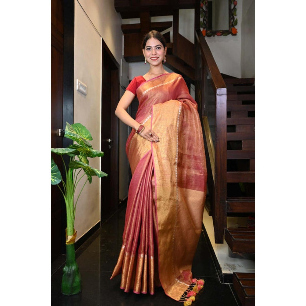 Isadora Life Womens Woven Tassels Pink Pre-Draped Saree With Unstitched Blouse