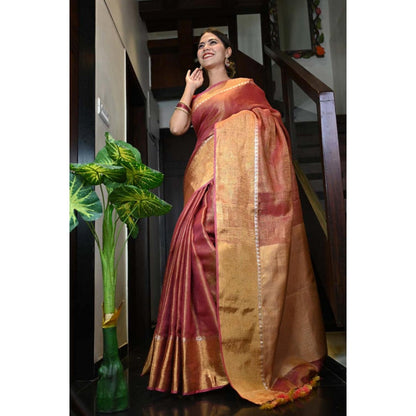 Isadora Life Womens Woven Tassels Pink Pre-Draped Saree With Unstitched Blouse