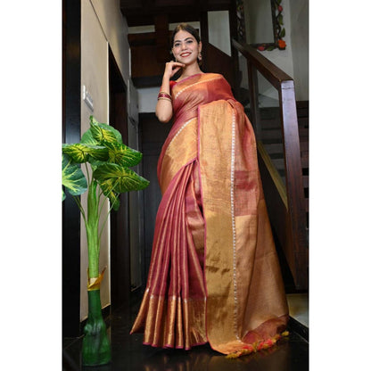 Isadora Life Womens Woven Tassels Pink Pre-Draped Saree With Unstitched Blouse