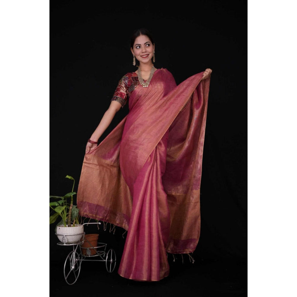 Isadora Life Womens Woven Tassels Pink Pre-Draped Saree With Unstitched Blouse