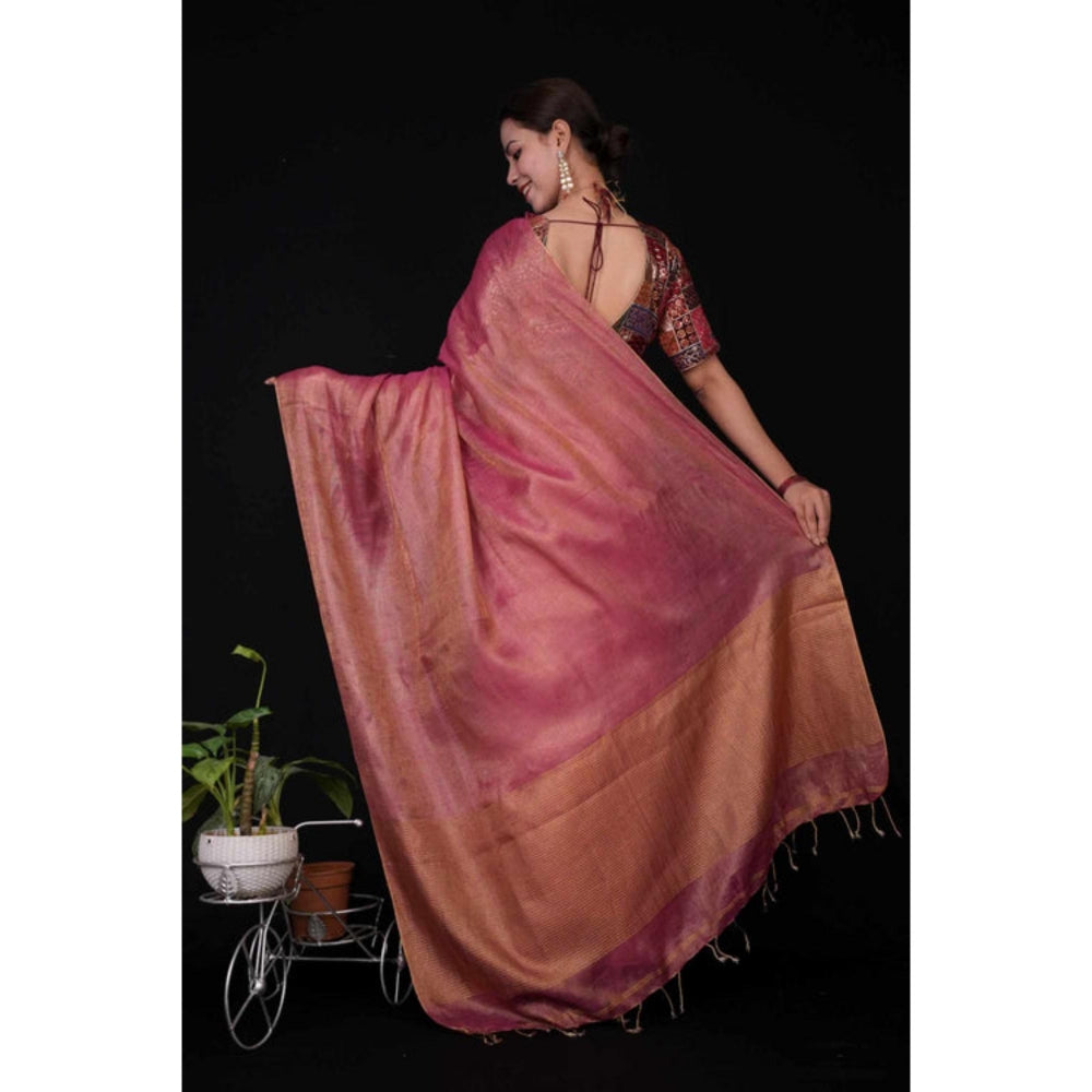 Isadora Life Womens Woven Tassels Pink Pre-Draped Saree With Unstitched Blouse