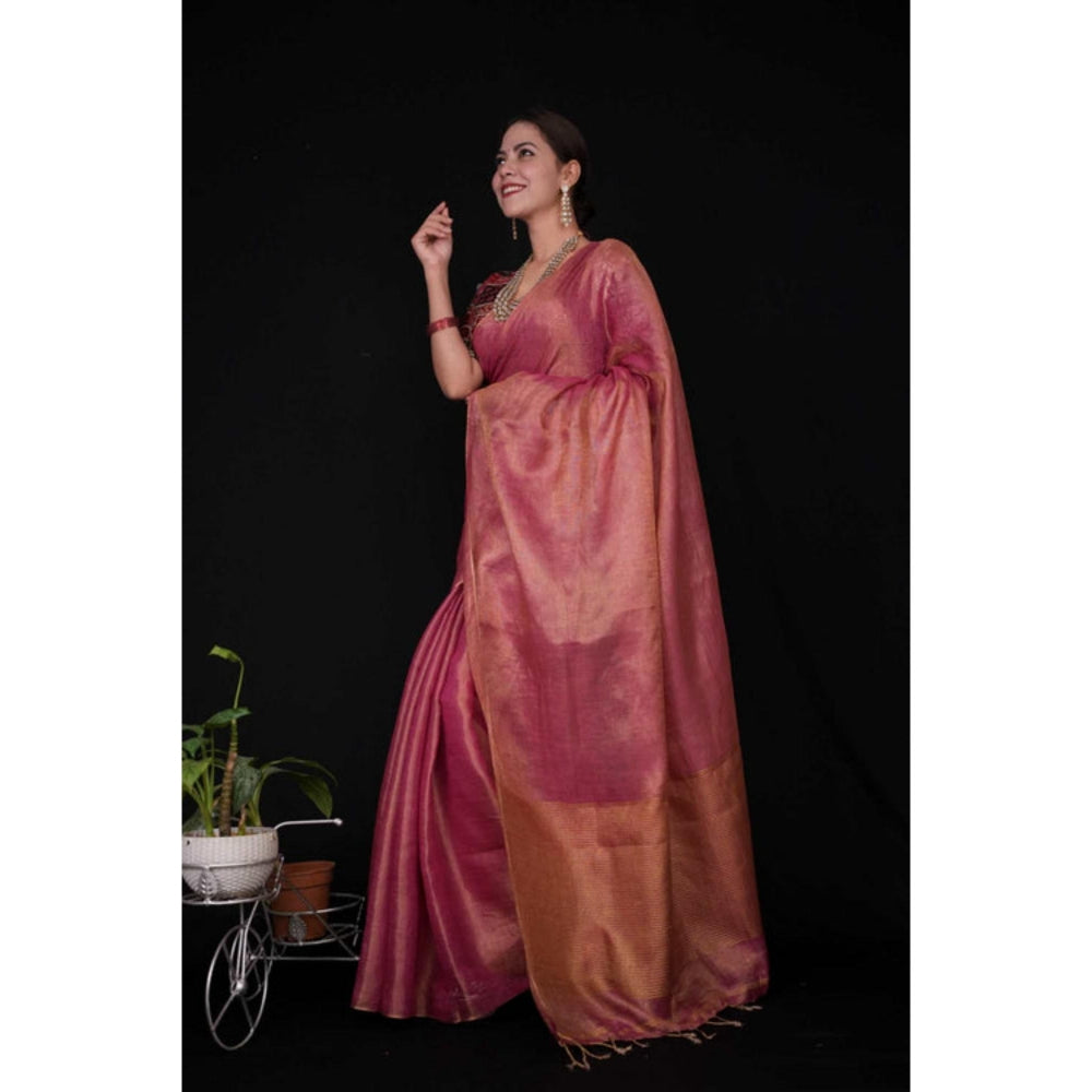 Isadora Life Womens Woven Tassels Pink Pre-Draped Saree With Unstitched Blouse