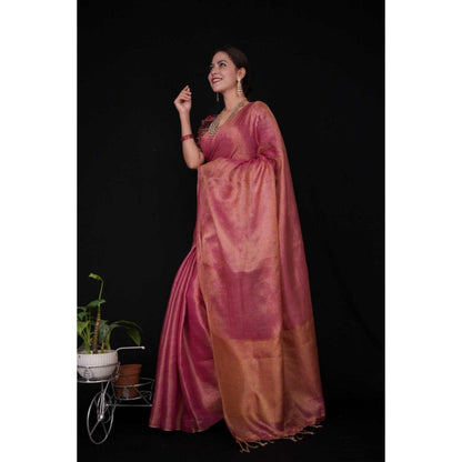 Isadora Life Womens Woven Tassels Pink Pre-Draped Saree With Unstitched Blouse
