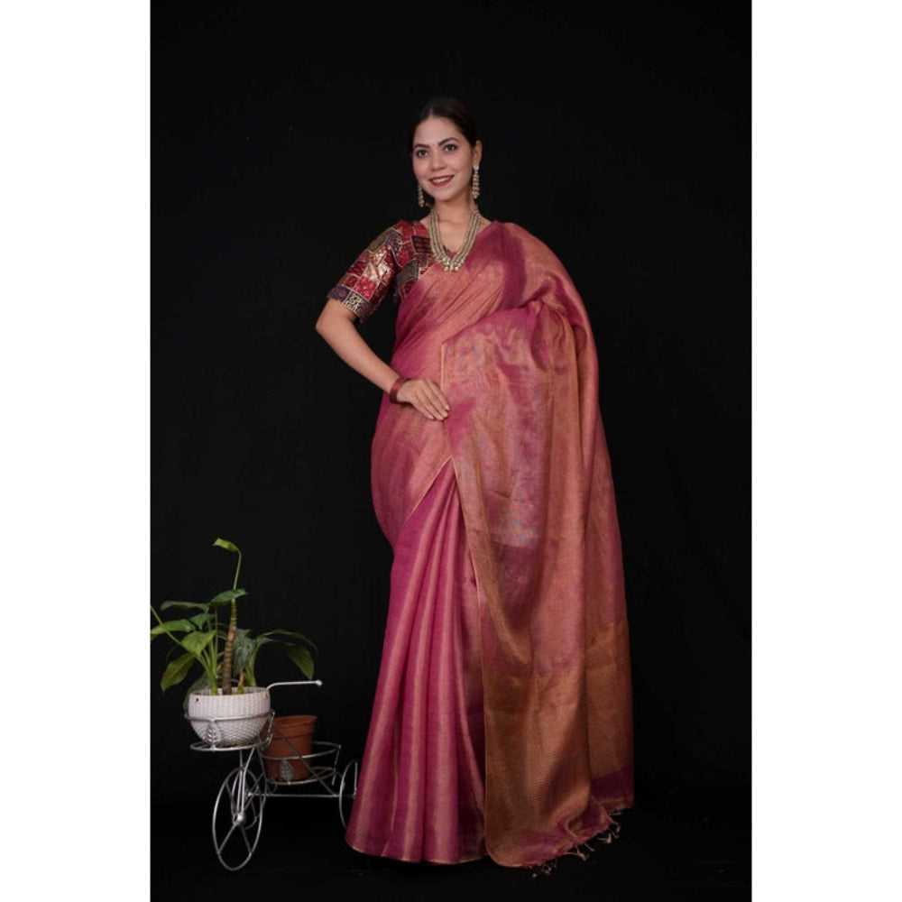 Isadora Life Womens Woven Tassels Pink Pre-Draped Saree With Unstitched Blouse