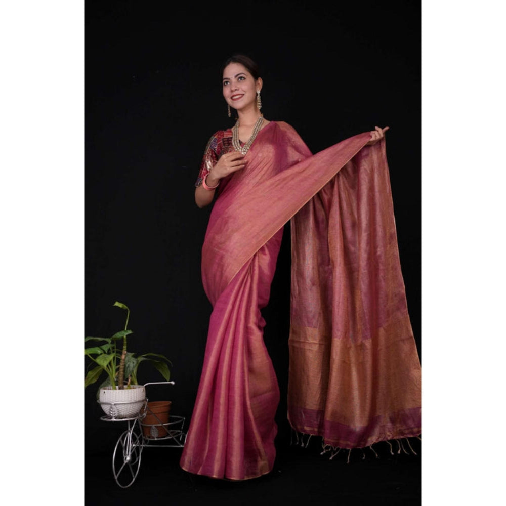 Isadora Life Womens Woven Tassels Pink Pre-Draped Saree With Unstitched Blouse